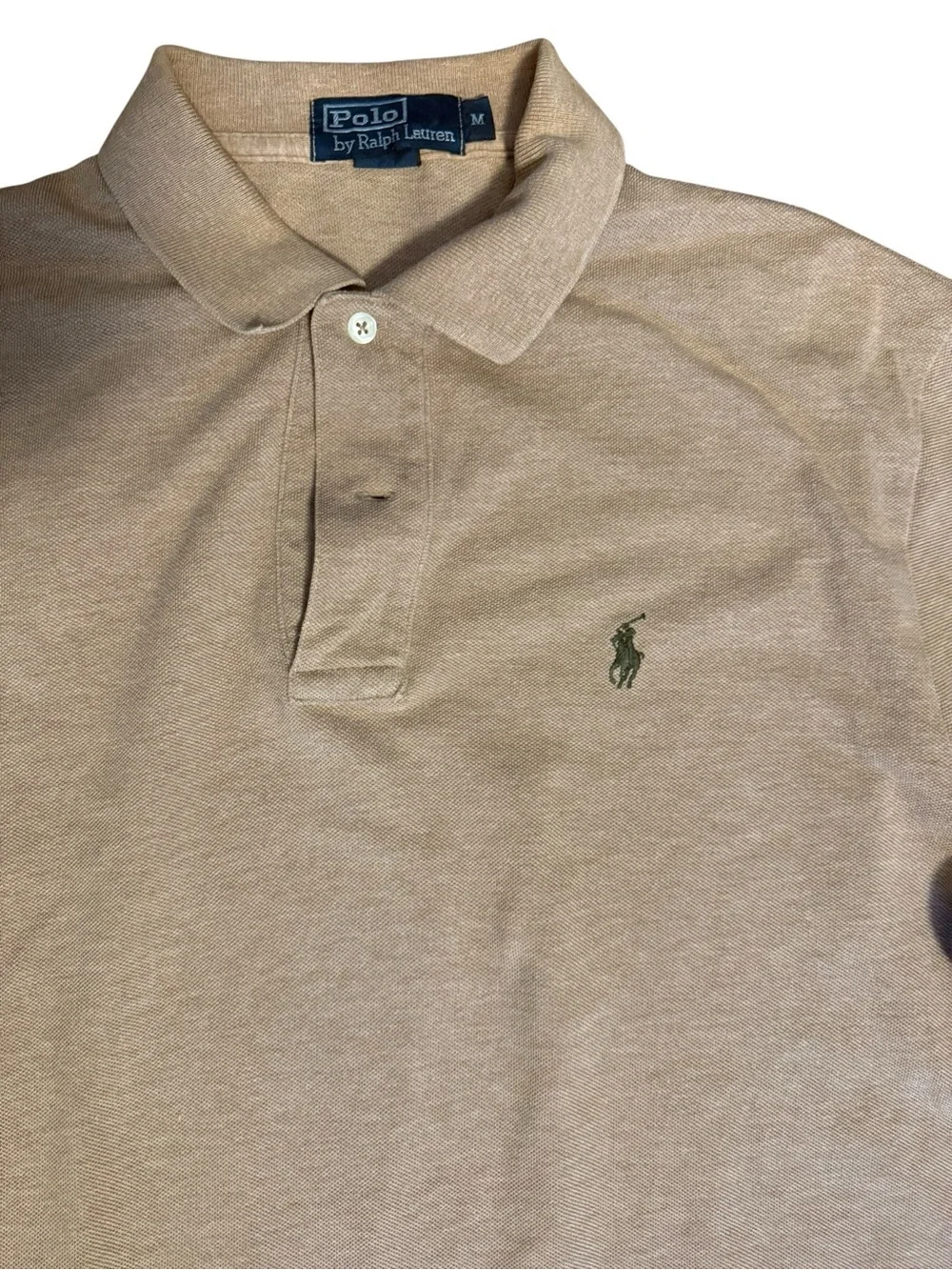 Polo Ralph Lauren Vintage Tan Beige Pique Knit Polo Shirt Green Pony Size M